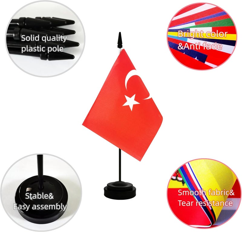 Rotenl 2 Pack Turkey Desk Flag, Turkish Table Office Flag with Solid Pole and Stand Base, International Country Flag, Festival Celebration, Classroom Meeting Desktop Decoration (Turkey) - Image 3
